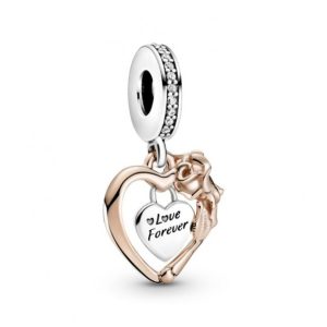 Charm Pandora Amor Para Siempre Corazón y Flor Dos Tonos Plata y Oro Rosa
