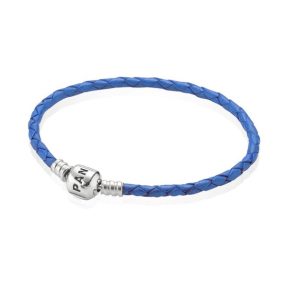 Pulsera Pandora Trenzada En Cuero Azul Broche De Barril en Plata Original