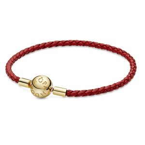 Pulsera Pandora Trenzada En Cuero Roja Broche Redondo Oro Dorado Shine
