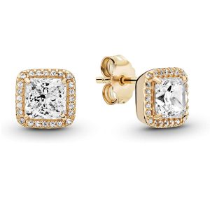 Aretes Pandora Shine Cuadrados Piedra Brillante Elegante Oro Dorado