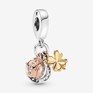 Charm Pandora Herradura Trébol Mariquita Suerte Tres Tonos Oro Rosa, Oro y Plata
