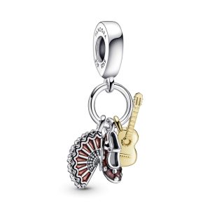 Charm Pandora Guitarra Flamenco España Abanico Dos Tonos Oro y Plata S925