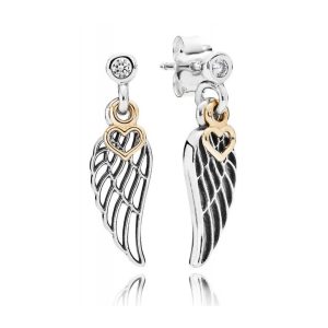 Aretes Pandora Original Alas De Ángel Colgantes Corazón Dorado Dos Tonos