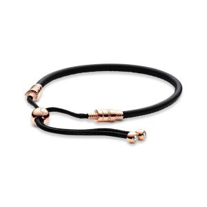 Pulsera Pandora Rose Moments Ajustable Cuero Negro Oro Rosa