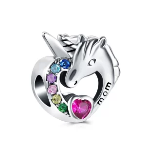 Charm Unicornio Mamá Piedras Multicolores Corazón Fabricado En Plata 925