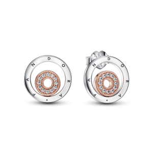 Aretes Pandora Circulo Brillante Signature Dos Tonos Oro Rosa Y Plata Original Original