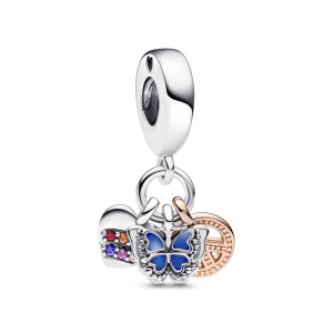 Charm Pandora Triple Corazón Arcoíris, Mariposa Amor Y Paz de Dos Tonos