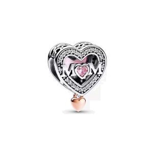 Charm Pandora Mamá Y Corazón Rosa Dos Tonos Oro Rosa Y Plata