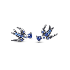 Aretes Pendientes Pandora Golondrina Azul Pájaro Ave En Plata Original