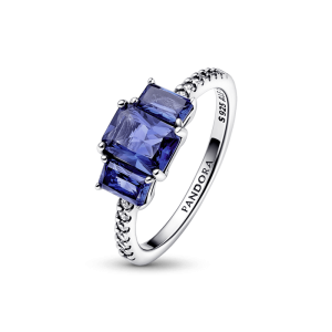 Anillo Pandora Reluciente con Tres Piedras Rectangulares Azules Plata S925