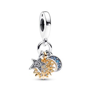 Charm Pandora Sol, Luna y Estrella Dos Tonos Plata S925 Y Oro Dordado Shine