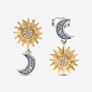 Aretes Pandora Sol Y Luna Dos Tonos Oro Dorado Y Plata Plata S925