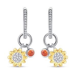 Aretes Pendientes Pandora Flor Girasol Piedra Naranja En Plata S925 Original