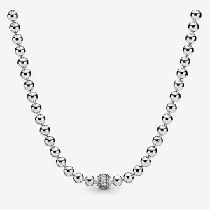 Collar Cadena Pandora Cuentas Y Pavé Plata S925 Original