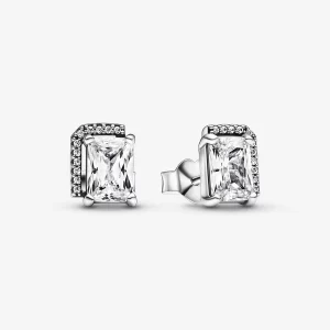 Aretes Pandora Halo Rectangular Brillantes Plata S925 Original