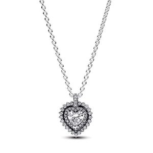Collar Pandora Corazón Halo Brillante Plata S925 Original