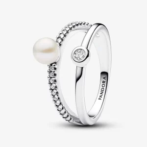 Anillo Pandora Doble De Compromiso Perla de Agua Dulce Y Pavé