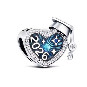 Charm Pandora Grado Graduación Prom Birrete Corazón Azul Plata Original