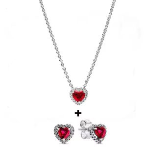 Set De Collar Y Aretes Pandora Corazón Ruby En Plata S925