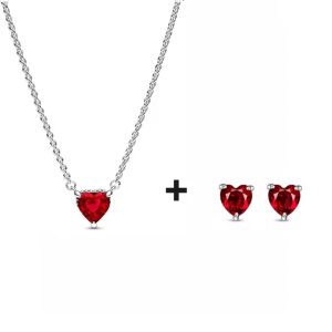 Set De Collar Y Aretes Pandora Corazón Ruby 2 En Plata S925