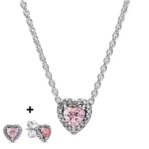 Set De Collar Y Aretes Pandora Corazón Rosa En Plata S925