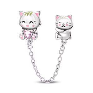 Cadena de Seguridad Pandora Gato Huella Corazón Rosa Mascota Gata Plata S925