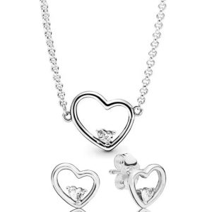 Set De Collar Y Aretes Pandora Corazón Doble Diamante En Plata S925