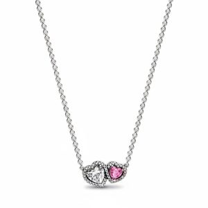 Collar Cadena Pandora Ruby Diamante Rosa Doble Corazón Halo Brillante
